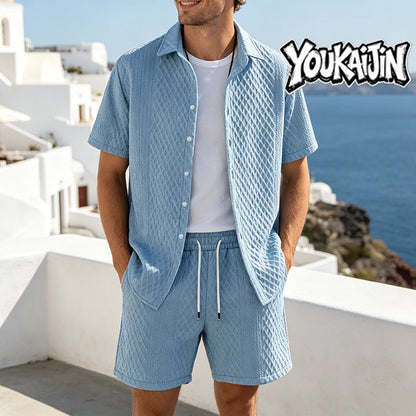 Men’s Waffle Knit Button Down Shirt & Shorts Set