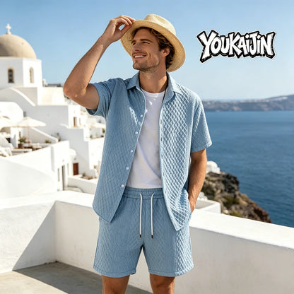 Men’s Waffle Knit Button Down Shirt & Shorts Set