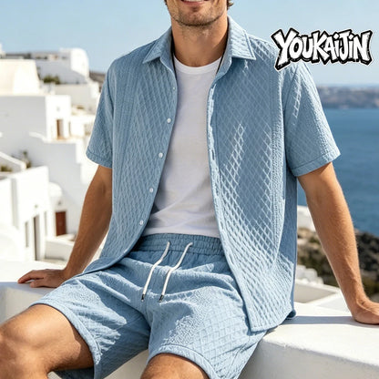 Men’s Waffle Knit Button Down Shirt & Shorts Set