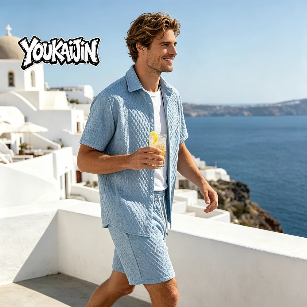Men’s Waffle Knit Button Down Shirt & Shorts Set