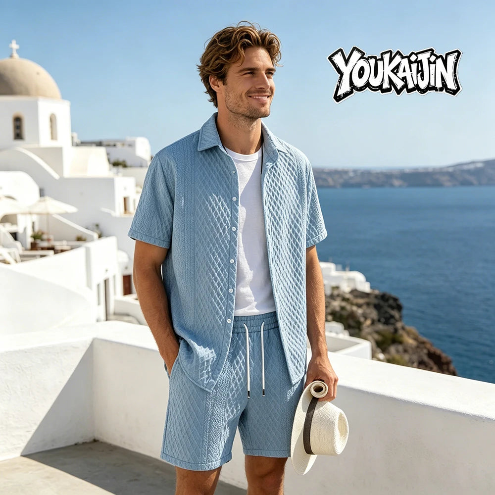 Men’s Waffle Knit Button Down Shirt & Shorts Set